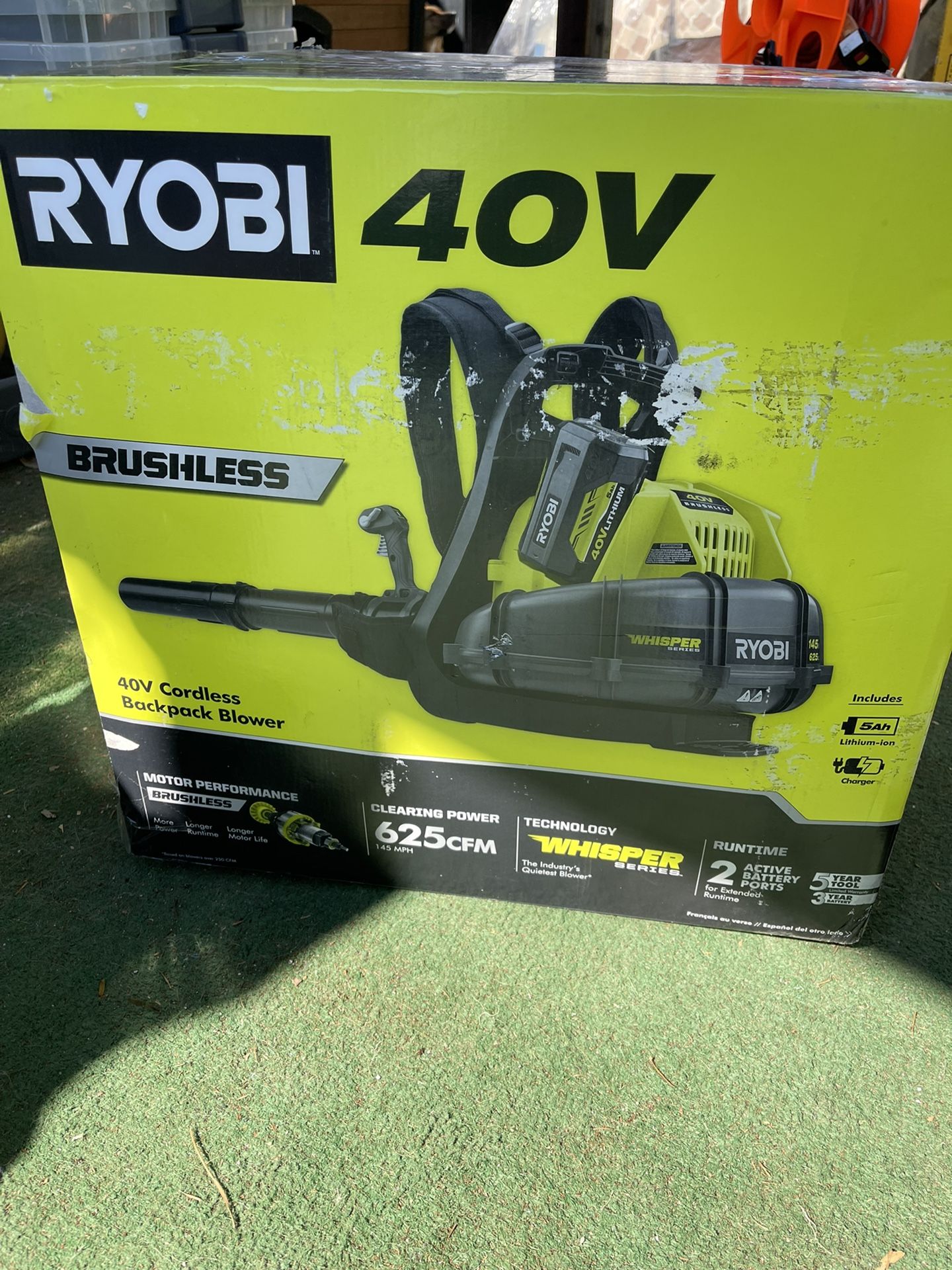 RYOBI 40V Whisper Series 145 MPH 625 CFM Cordless Battery Backpack Leaf Blower with 5.0 Ah Battery and Charger