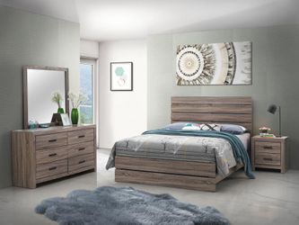 New 4Pc Queen Bedroom Set with Queen bedframe, Dresser MIrror, Night Stand On Sale Still