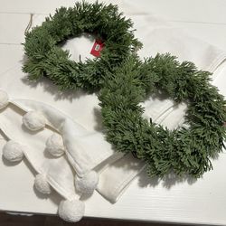 Two Cedar Wreaths And Velvet Pom Pom Table Runner