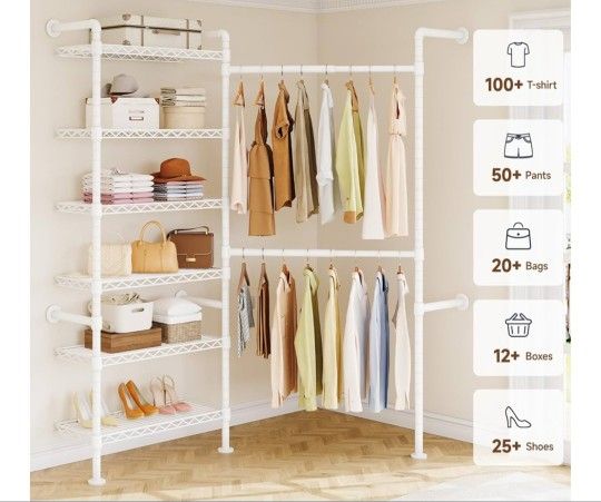 Clothing Rack, Closet Organizer System with 6 Hanging Clothes Rods ( 4 Expandable Rods) & 8 Shelves, Heavy Duty Corner Garment Rack, Large Wardrobe -