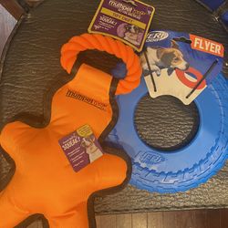 $10 -(2 ) Brand New !!!- Dog/pet Toys- Orange Squeaky Tug Toy + Blue Nerf Flyer Wheel/disc