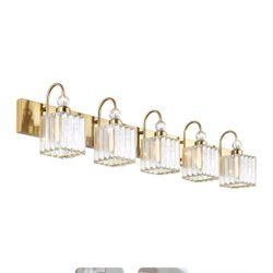 Ralbay Gold Crystal 5-Light Bathroom Vanity Lights Over Mirror Modern Crystal Gold Bathroom Vanity Lighting