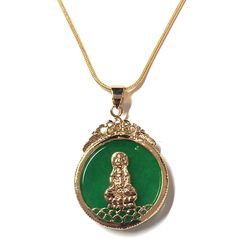 Gold plated two side kwan yin circle jade jadeite pendant necklace