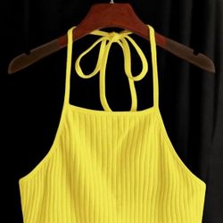 Neon Yellow Tie Back Rib-knit Halter Top