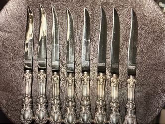 Vintage Reed & Barton Mirror Stele Sterling Silver Handle Steak Knives Set of 8