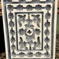 EUC *Rare* Jaipur Hand Caved Solid Whitewashed Wood Panel. 16" × 22'x 1.25" Weight Approx 10lbs