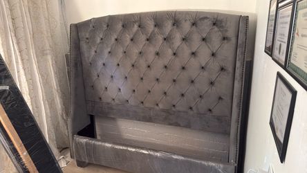Gray Velvet Tufted Wingback Headboard