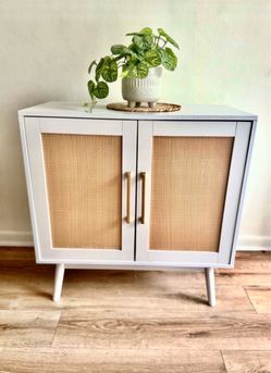 White Mid-Century Cabinet with Cane Door Panels
