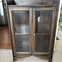 Antique Solid Wood Two Glass Door Cabinet, 36”H x 26”W x 12”D, good condition.