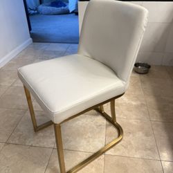 White Faux Leather Accent/Vanity Chair – Brushed Gold Metal Frame, Modern Glam