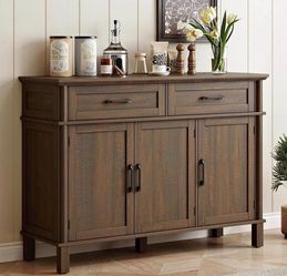 48 Inch Buffet Cabinet with Storage, Farmhouse Sideboard Buffet w/2 Drawers and 3 Doors, Wood Coffee Bar Cabinet with Adjustable Shelves, Sideboard St