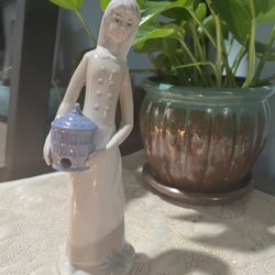 Vintage Porcelain FIGURINE LADY BASKETS  Bird Cage Blue  Girl Figure Japan