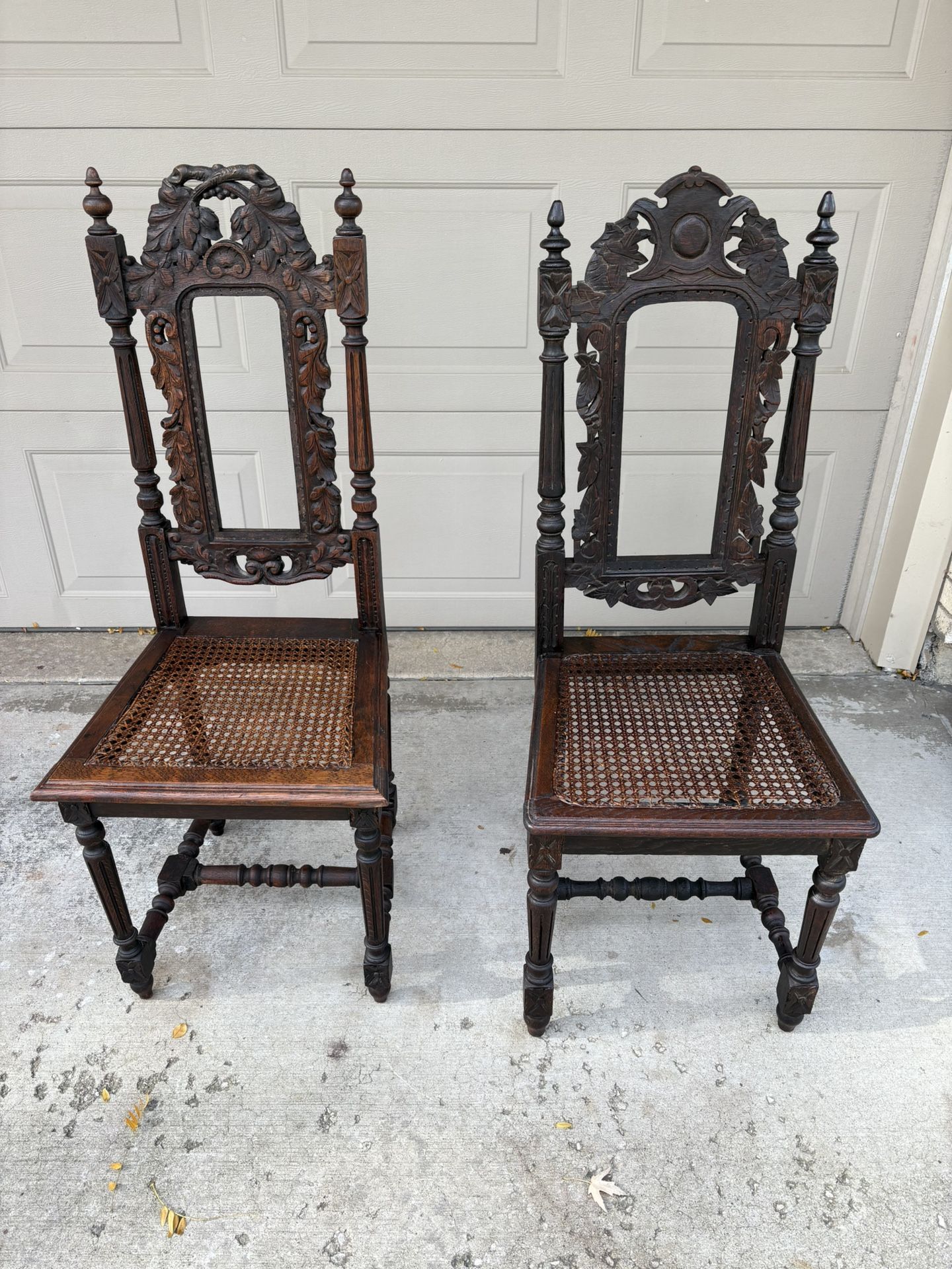 2 Antique Jacobean Victorian dining chairs w/ cane seats 1900’s Needs backing replaced These chairs sell for big money on eBay and Etsy 