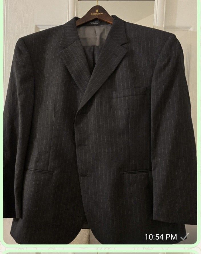 "Andrew Fezza" Mens Suit Black With Pinstripe Size 50RE 100% Wool