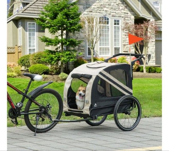 Aosom 2-in-1 Pet Bike Trailer for Small Dogs, Road-Visibility Dog Stroller Bicycle Carrier, Weather-Strong Bike Wagon Trailer Sidecar Attachment, Whit
