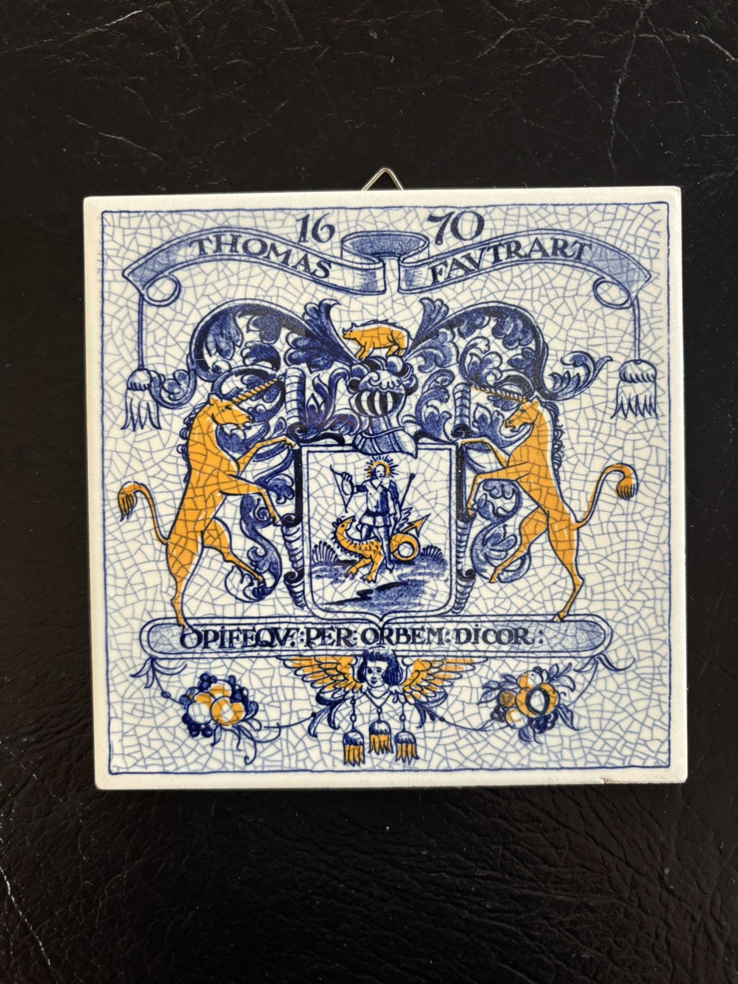 Vintage Dutch Delft Tile Featuring A Heraldic Coat Of Arms