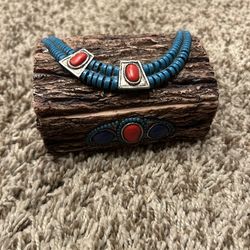 Boho Southwestern Turquoise & Red Inlay Wooden Trinket Jewelry Box