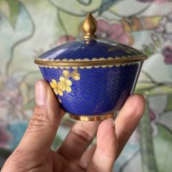Vintage Chinese Cloisonné Lapis Blue Round Lidded Trinket Bowl 