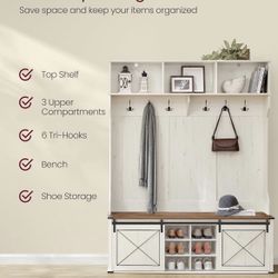 Hall Tree with Bench and Shoe Storage, Coat Rack with Shoe Bench, Entryway Furniture, 6 Tri-Hooks, Sliding Door, Farmhouse Style, Space Saving, Rustic