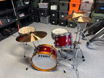 Tama Club Jam Mini Drum kit with add on toms, hardware, carrying cases, and cymbals