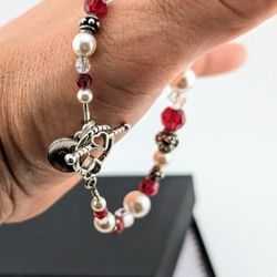 💎✨♥️Beautiful 7.5" 925 Silver Bracelet W/ Crystal Glass Red Rhinestone and Faux Pearls 