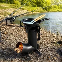 New In Box Portable Wood Burning Cooking Stove For Fishing Camping Beach Outdoor Kitchen With Cooking Pan And Utensil 