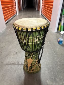 Hand Carved Wooden African Djembe Drum 12" Head 24" Tall Green Elephant Giraffe
