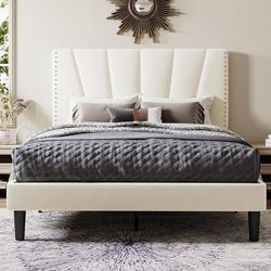 Full Size Bed Frame with Adjustable Velvet Upholstered Headboard, Rivet-Style Nailhead Trim Detail Platform Bed Frame, Wooden Slat Support, No Box Spr
