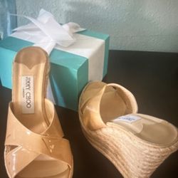Jimmy Choo  Tan Patent Leather Espadrilles Heels