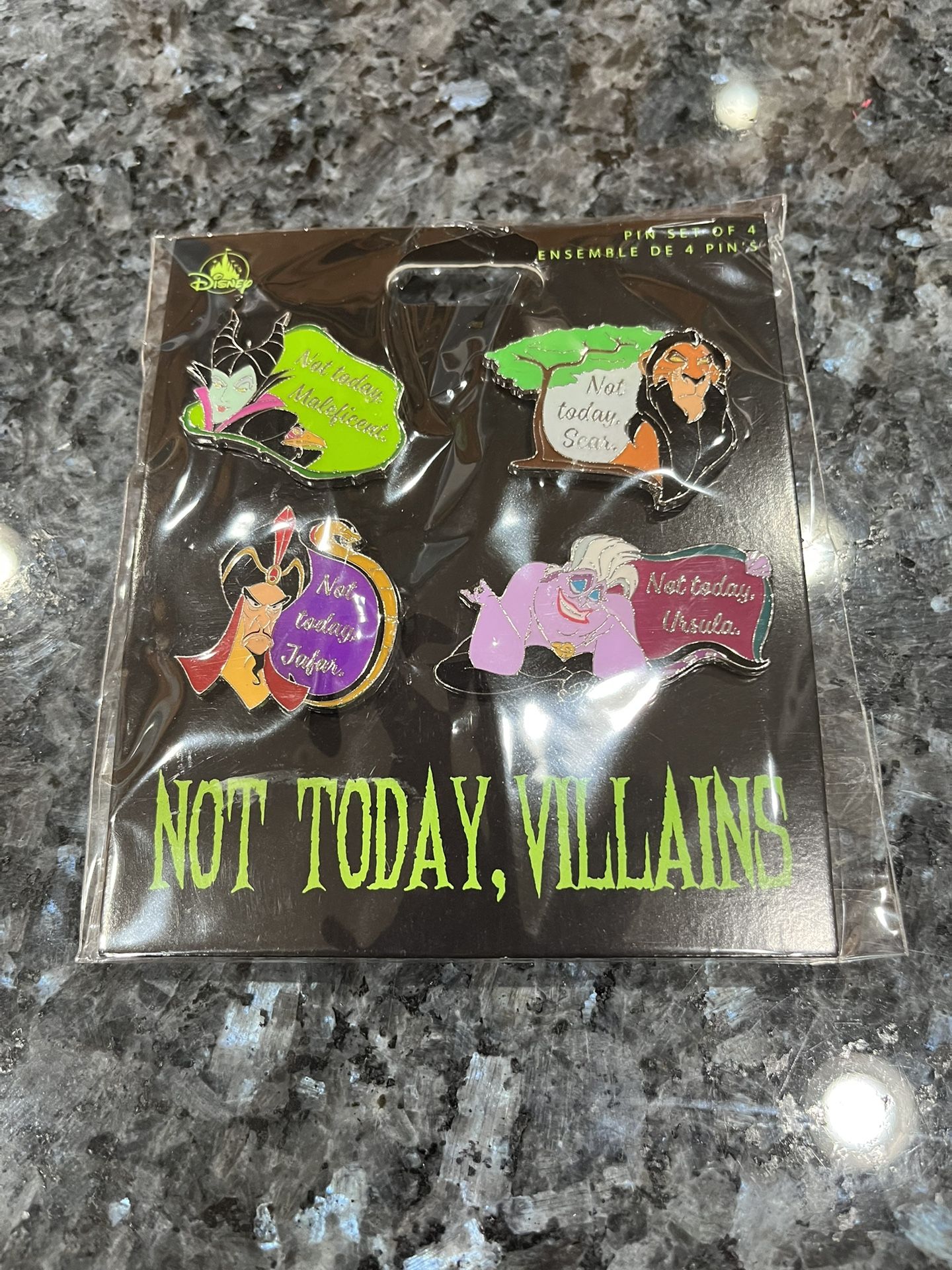 Disney Villains Set of 4 Pins. “Quote Pins”. Brand new factory sealed never open. Smoke free home Will combine listings before purchase to save on