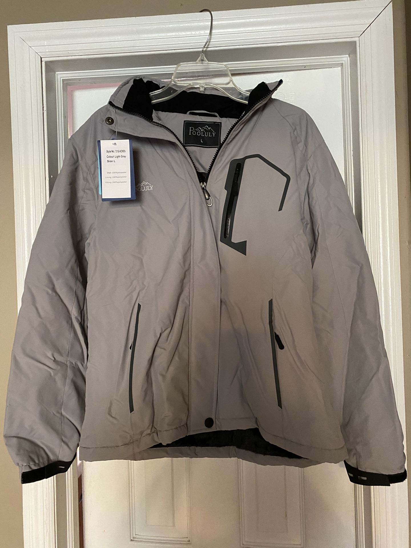 Pooluly Women's Ski Jacket Warm Winter Waterproof Hooded Raincoat Jackets L & XL light gray
