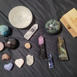 Celestial Quartz, Kambaba, Fluorite, Selenite, Dumortierite, Blue Astrophyllite, Rose Quartz, +more