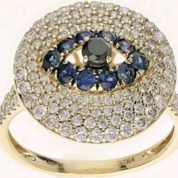 14k Genuine Diamond & Sapphire EVIL EYE Ring 