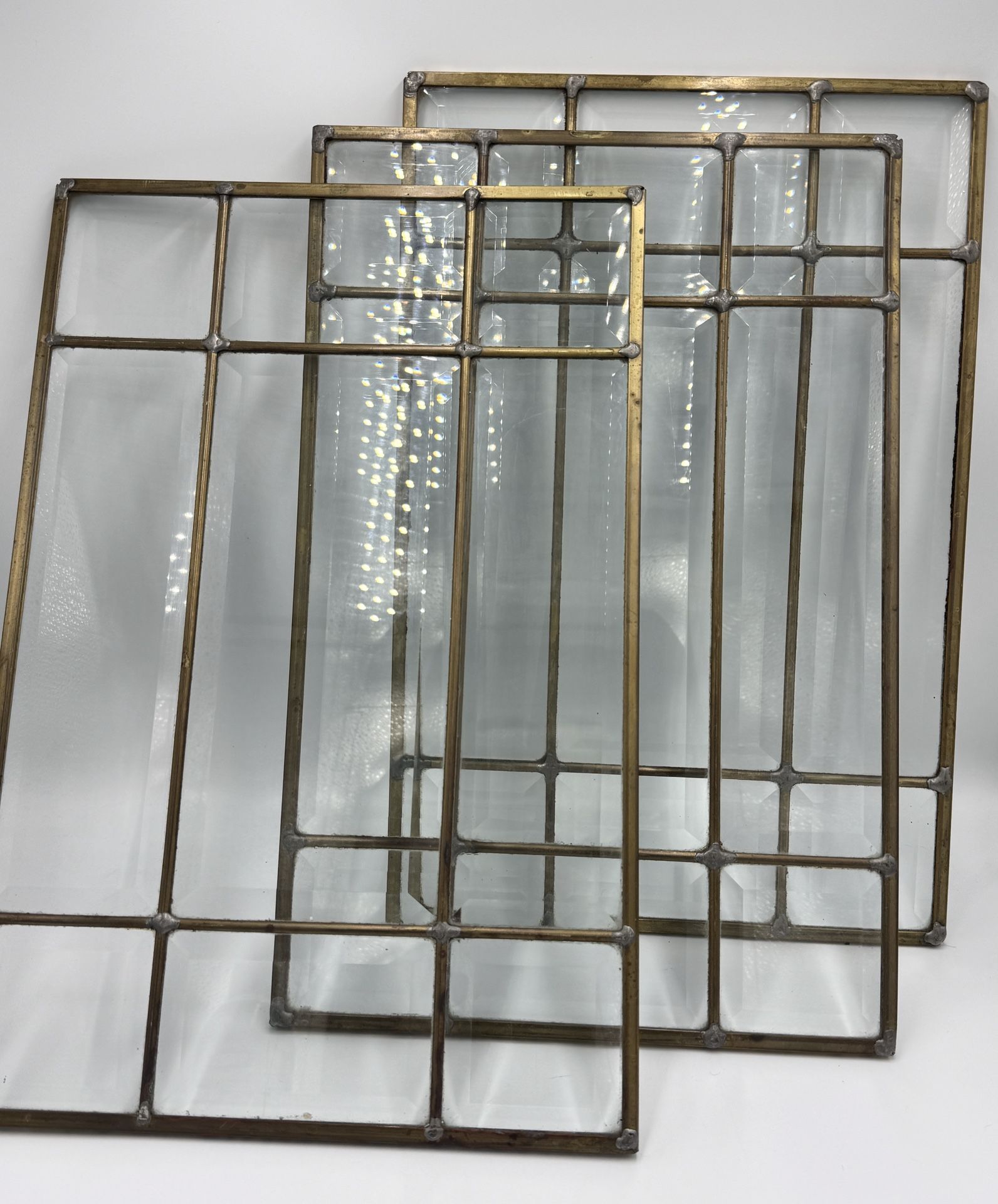 Antique Leaded Beveled Rectangle Glass Cabinet Door Window Panel x3