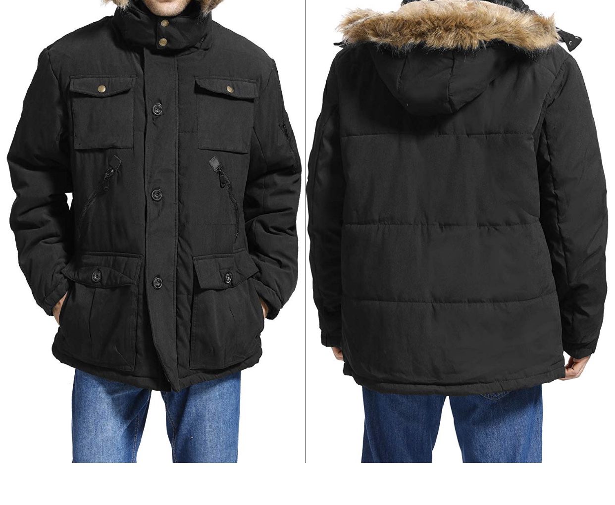 Mens Winter Parka Insulated Warm Jacket Military Coat Faux Fur with Pockets and Detachable Fur Hood