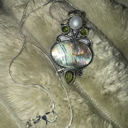 NEW Abalone, Peridot & Pearl Sterling Pendant on .925 Chain 