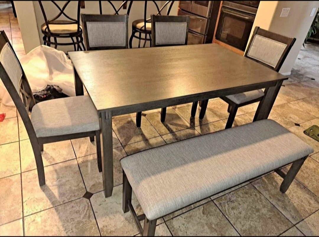 ✅️✅️6 bridget  ii two tone finish wood dining table set and bench ✅️