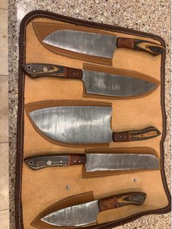 Damascus chef knife, set with leather case