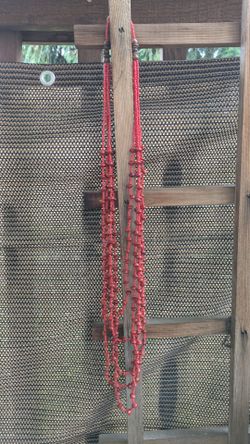 5 Strand Coral Red Heishi and Wood Bead Necklace