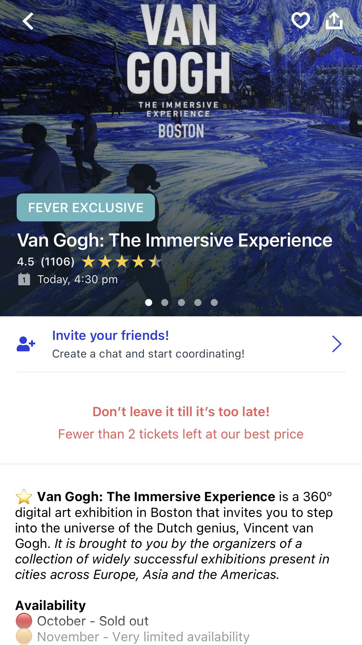 Van Gogh: The Immersive Experience - 2 VIP Adult Tickets for 10/24 6:30pm 