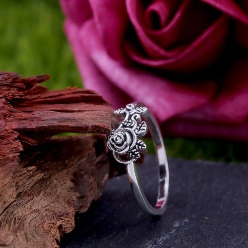 "Ethnic Style Dainty Rose Flower Anillo Vintage Silver Ring for Women, VIP420