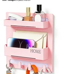 Pink Wall Organizer Shelf with Hooks No Drill