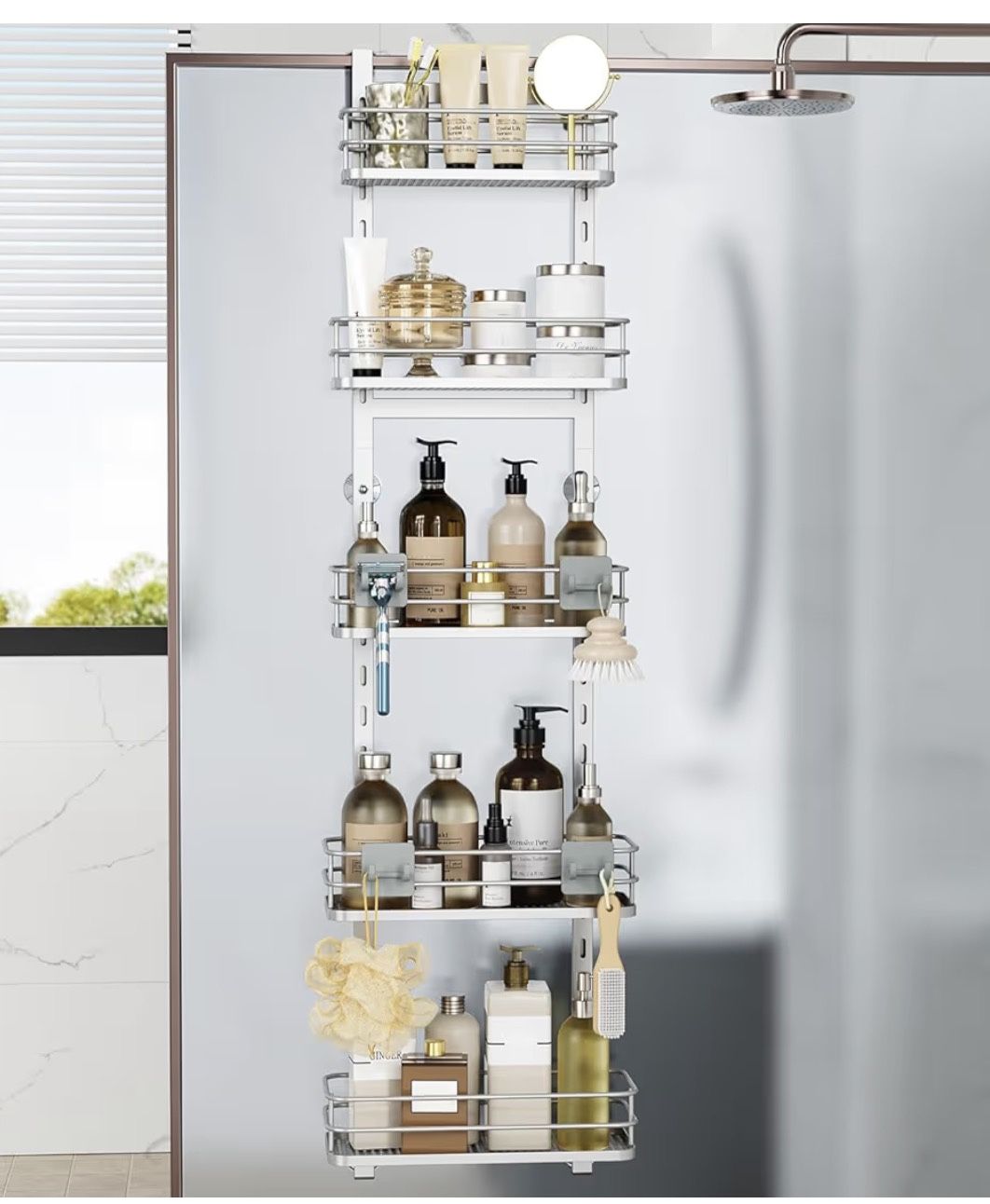 Orimade Over the Door Shower Caddy Adjustable 5 Tier Silver,Bathroom Hanging Organizer Shelf Rustproof with 4