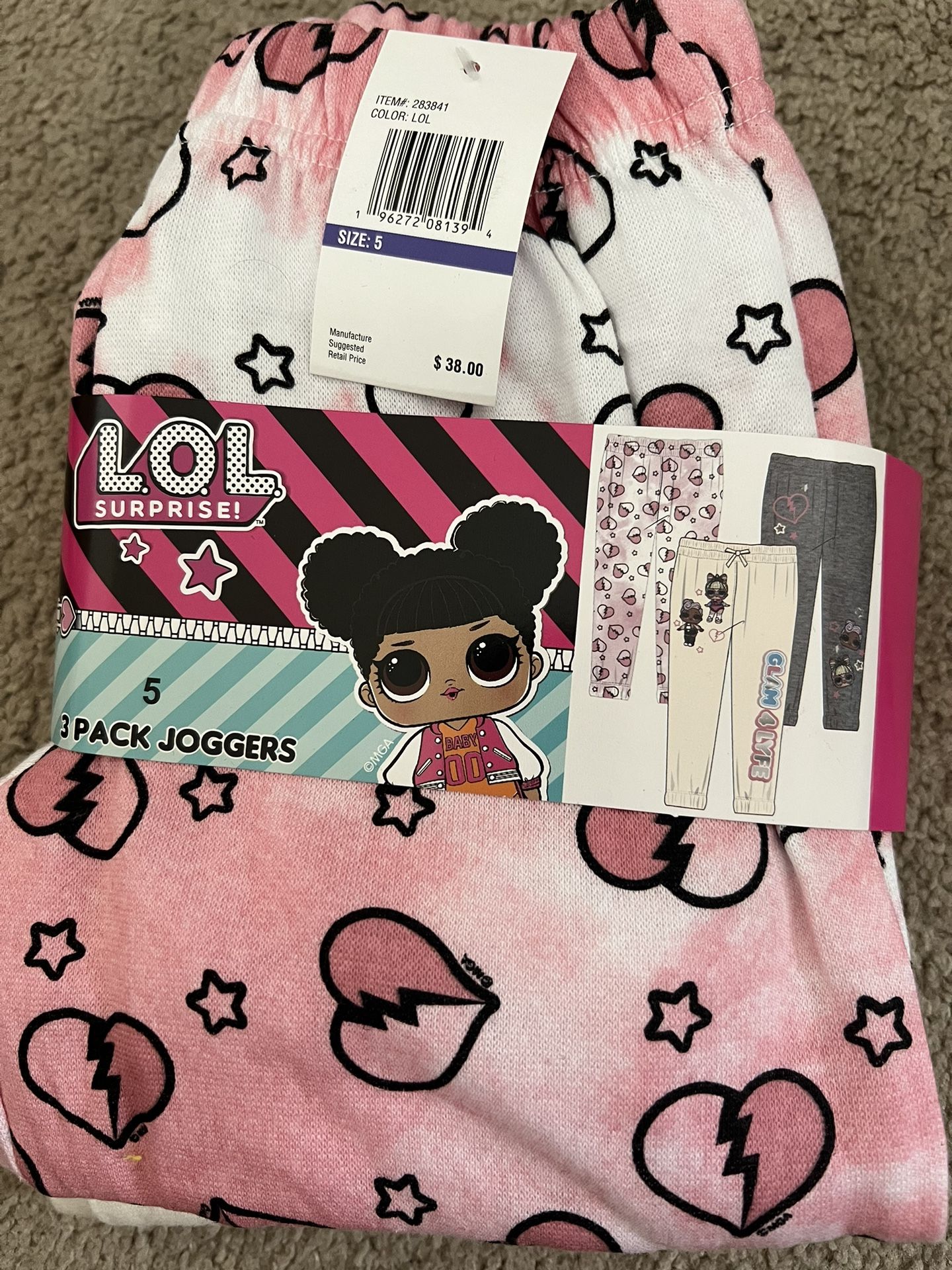 LOL SURPRISE 3 pack joggers sizes( 5, 6 and 6x)