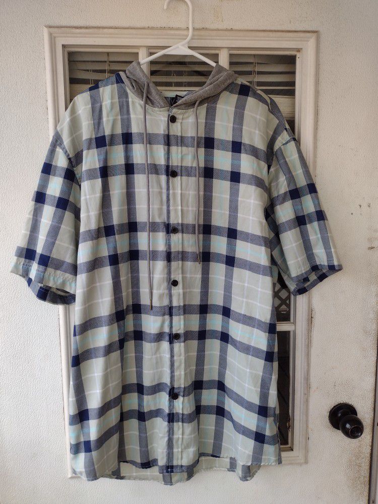 Fly Society Short Sleeve Shirt Hoodie PLAID Button Down Men's Size 2XL