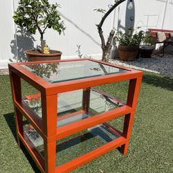 Orange Side Table with Glass Top and Shelves
