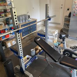 Home Gym Bench Press + Barbell + Weights – Incline/Flat, Squat & Deadlift Ready
