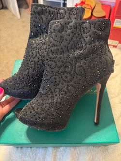 Black Rhinestone Peep-Toe Stiletto Ankle Boots
