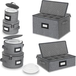 China Storage Set - Dinnerware & Glass Storage Containers 6-Piece Hard Shell Stackable Boxes with Felt Dividers Grey