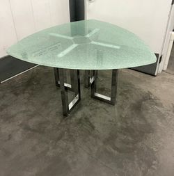 Round Glass Dining Table with Geometric Metal Base